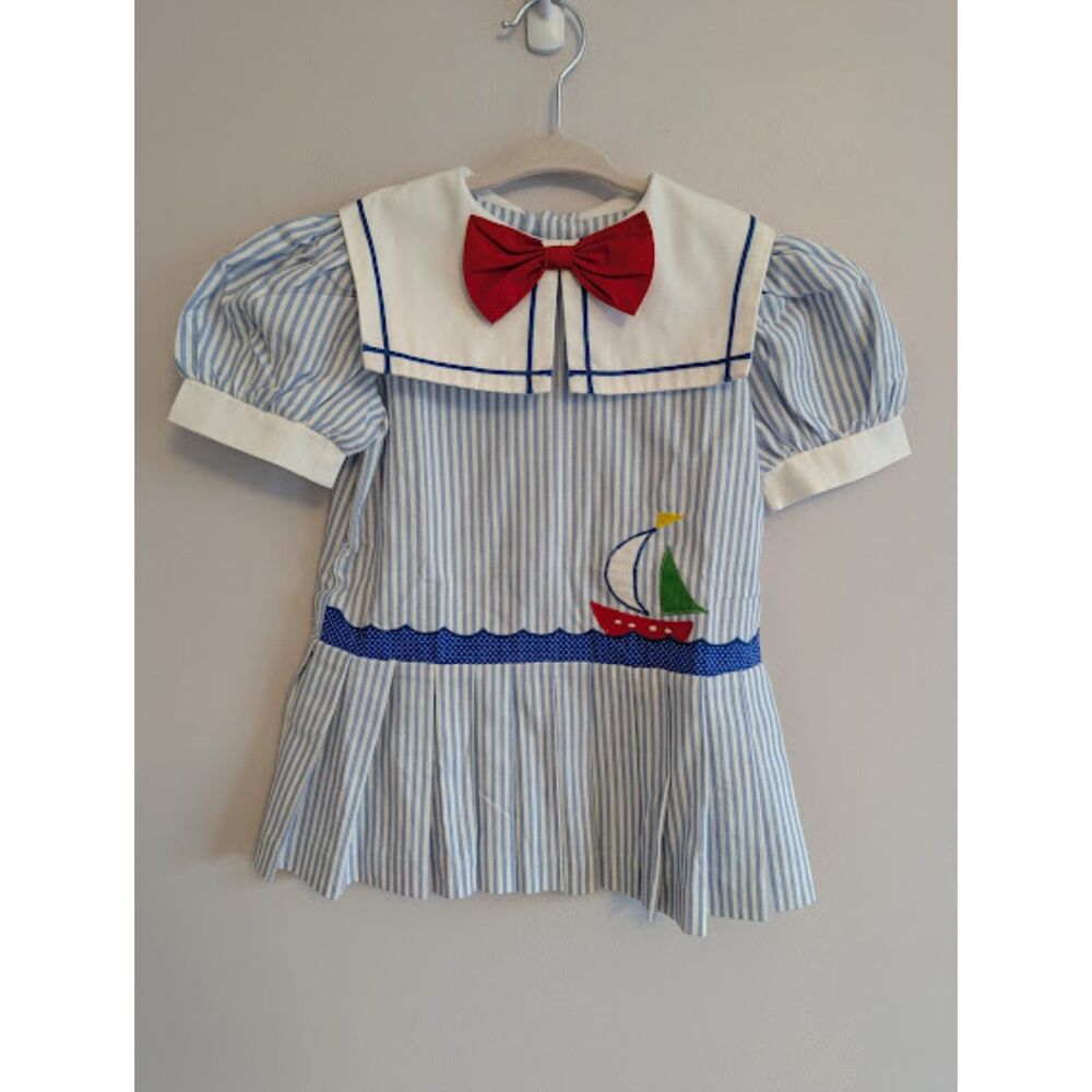 Vintage Toddler Nautical Sailor Dress with Red Bow & Boat Appliqué - Size 5T
